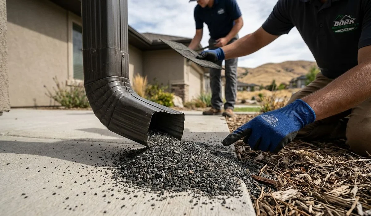 Granules from asphalt shingles accumulated at the bottom of a downspout