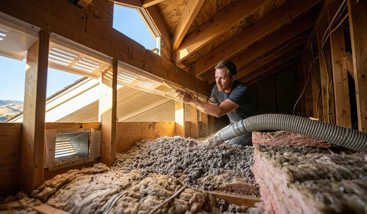 Attic insulation and ventilation installation showing soffit baffles and R49 blown in insulation
