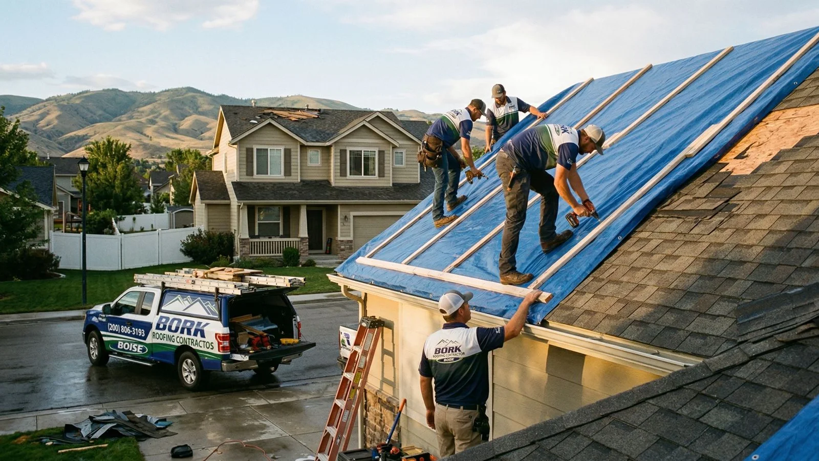 Crew installing a heavy-duty blue tarp with wooden battens on a damaged Boise roof