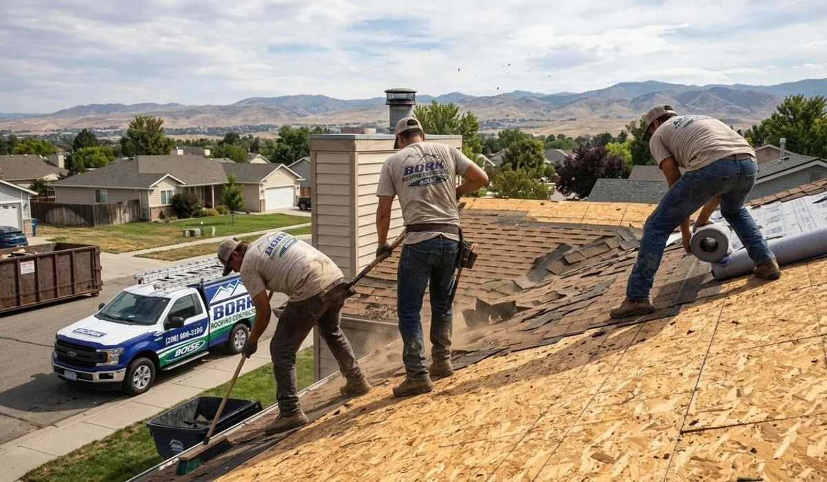 Bork Roofing crew performing tear-off on a Boise residential roof