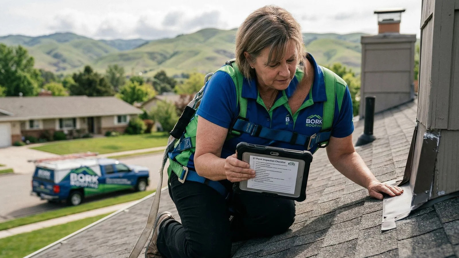 A Bork Roofing inspector running through the 21-point checklist on a Boise home