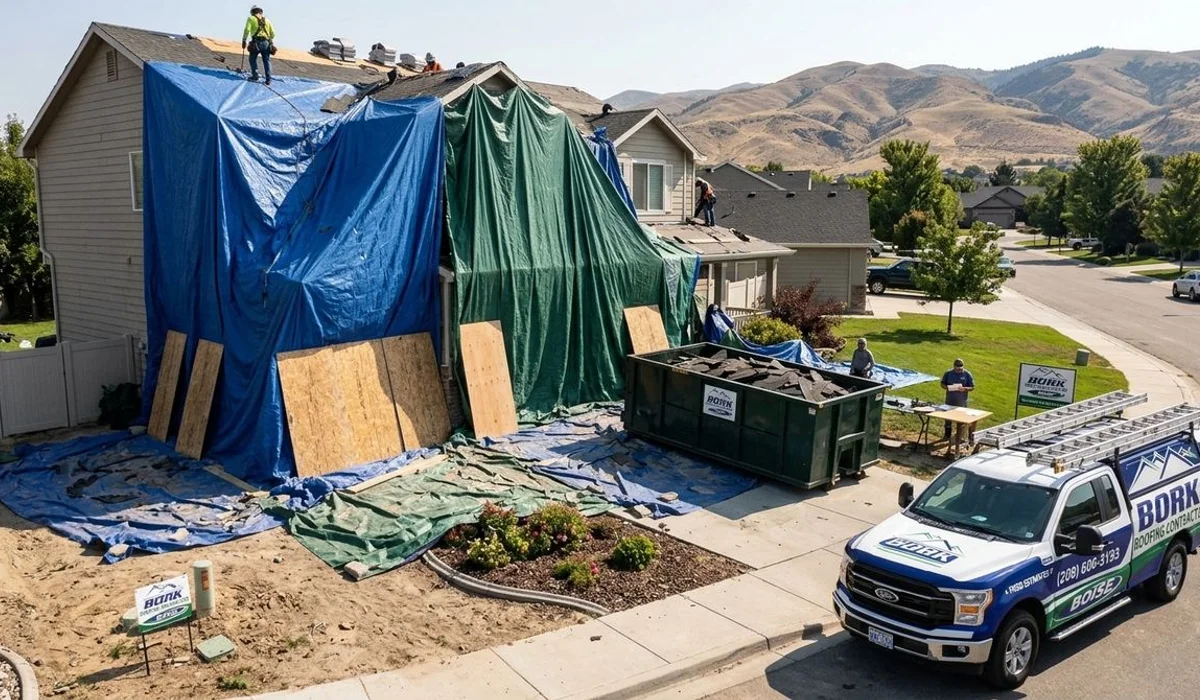 Tarps and wood panels protecting landscaping before a roof tear-off