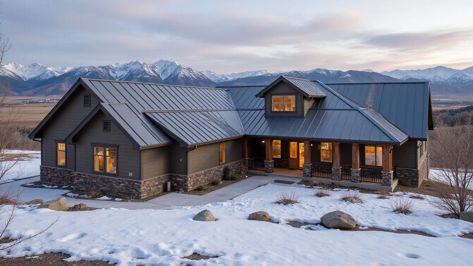A charcoal standing seam metal roof on an Eagle, Idaho foothills home