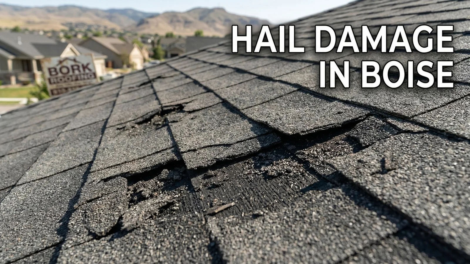 Macro photograph of a hail impact bruise on an asphalt shingle