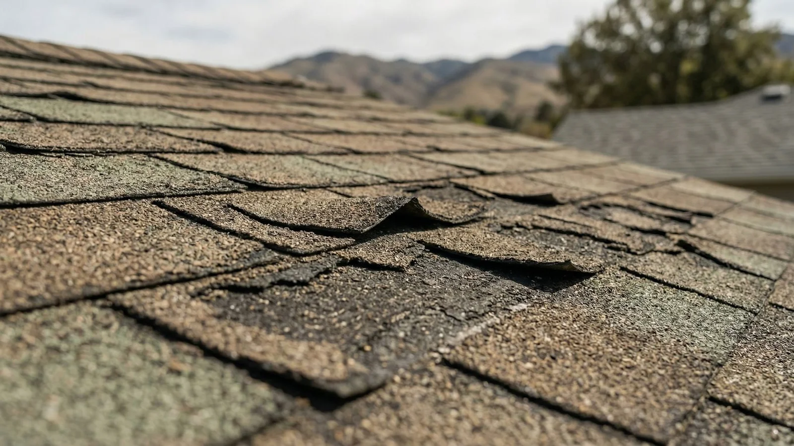 Curling and cracked asphalt shingles showing granule loss