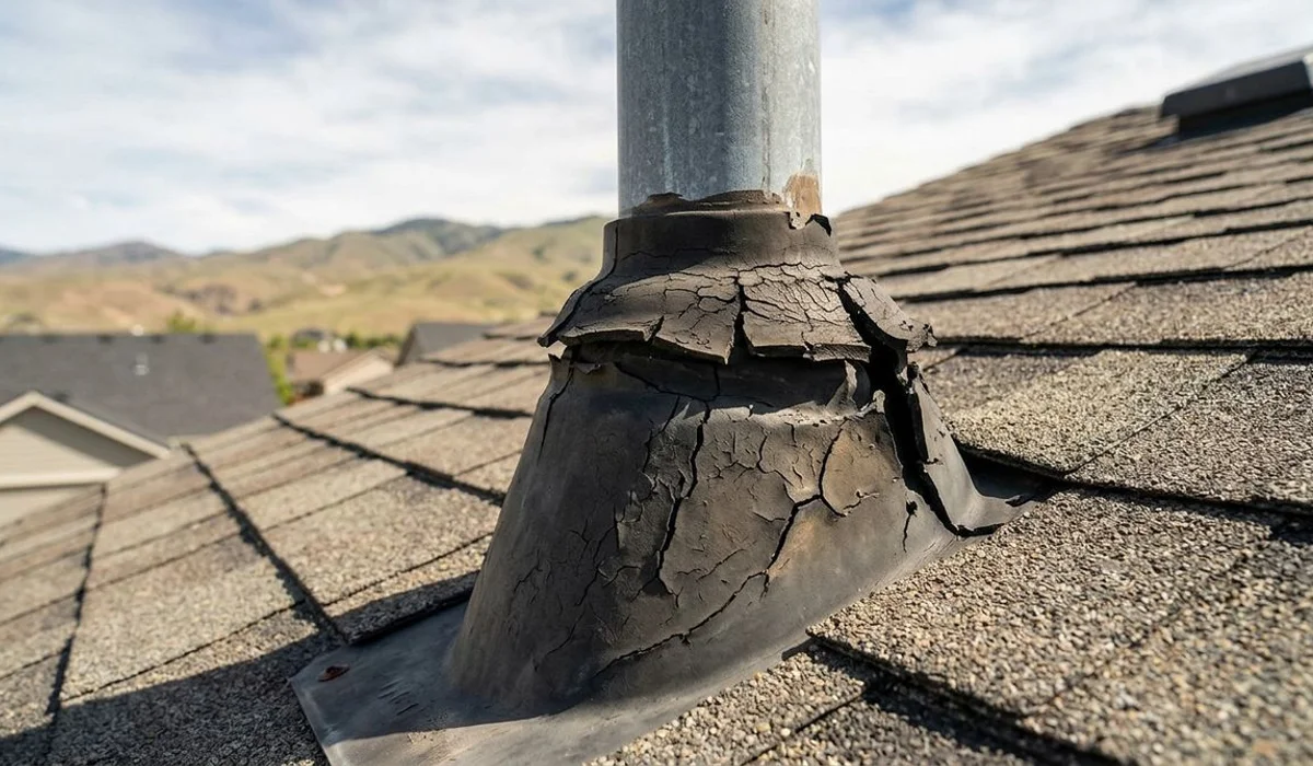 Cracked rubber pipe boot on a roof vent pipe showing deterioration