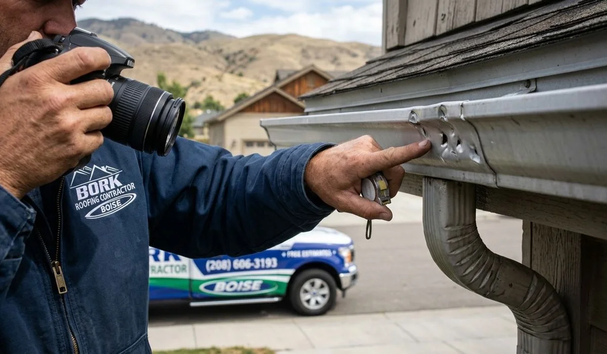 Dented aluminum downspout from hail impact next to a Boise home