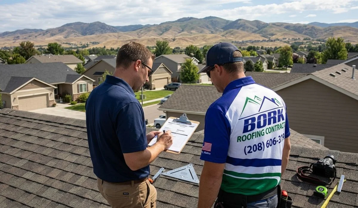 An insurance adjuster and Bork Roofing inspector reviewing a damaged Boise roof together