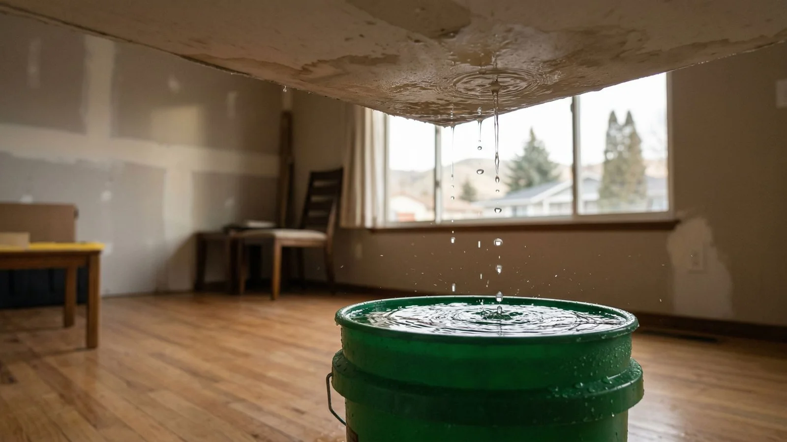Interior ceiling water damage with a bucket catching an active drip