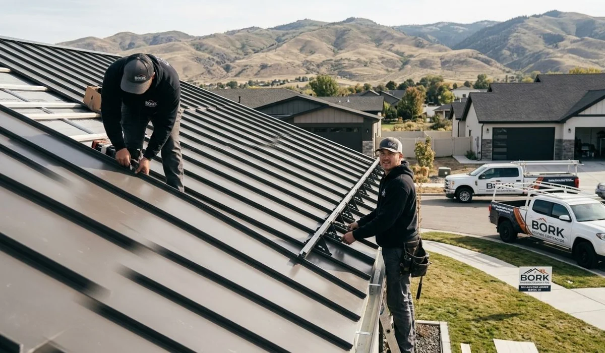 Standing seam metal roof on a modern Eagle Idaho custom home