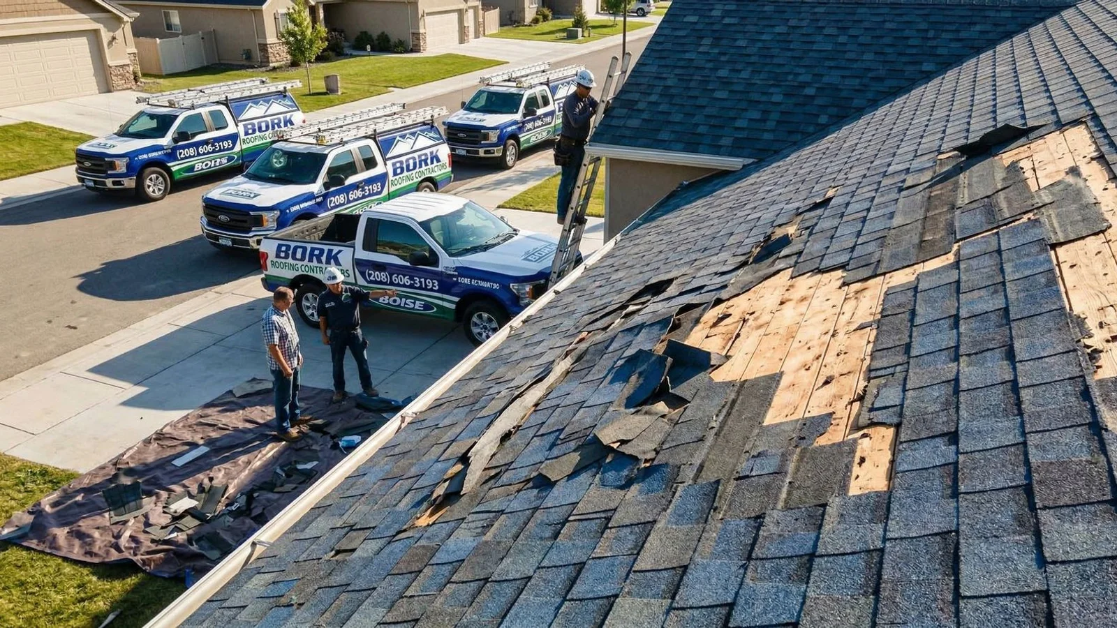 Wind-uplifted and missing shingle tabs on a Boise Foothills home